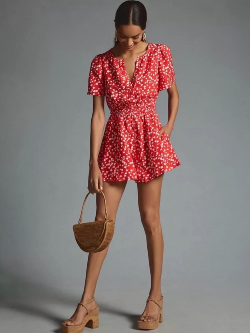 Anthropologie Linen Blend Somerset V-Neck Romper Red Tulip XS